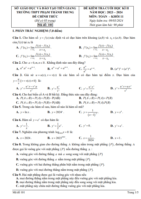Đề cuối học kì 2 Toán 11 năm 2023 – 2024 trường THPT Phạm Thành Trung – Tiền Giang