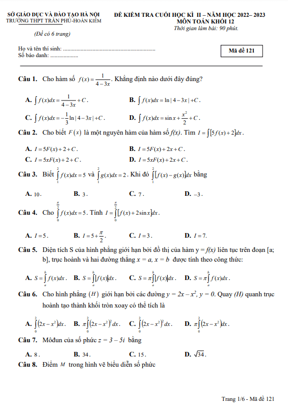 Đề cuối học kì 2 Toán 12 năm 2022 – 2023 trường THPT Trần Phú – Hà Nội