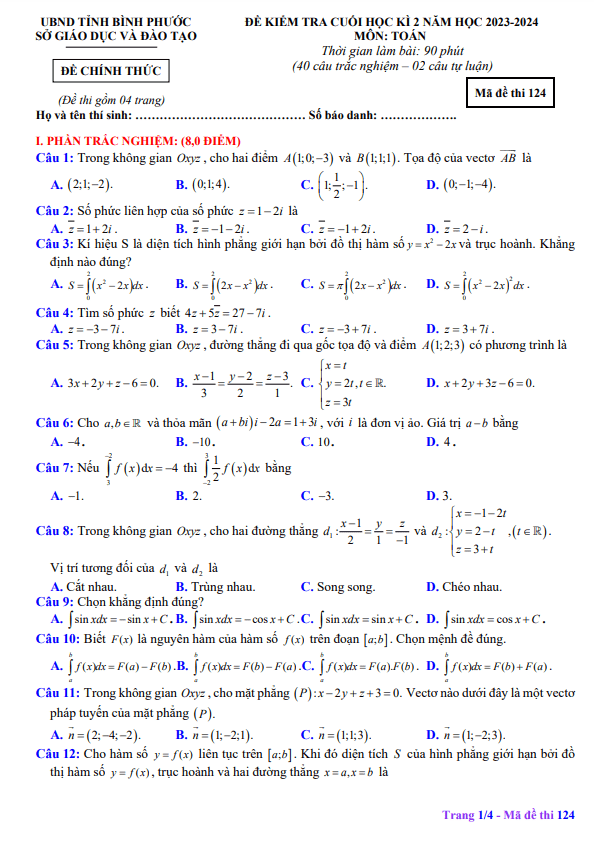 Đề cuối học kì 2 Toán 12 năm 2023 – 2024 sở GD&ĐT Bình Phước
