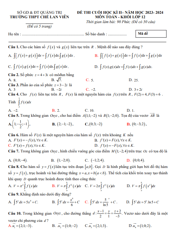 Đề cuối học kì 2 Toán 12 năm 2023 – 2024 trường THPT Chế Lan Viên – Quảng Trị