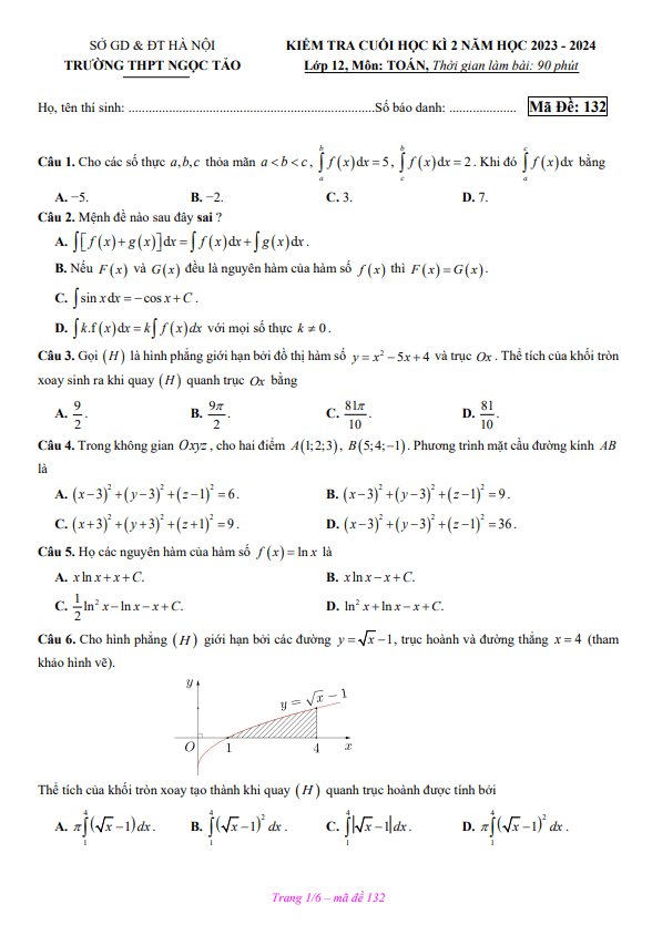 Đề cuối học kì 2 Toán 12 năm 2023 – 2024 trường THPT Ngọc Tảo – Hà Nội