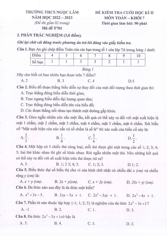 Đề cuối học kì 2 Toán 7 năm 2022 – 2023 trường THCS Ngọc Lâm – Hà Nội