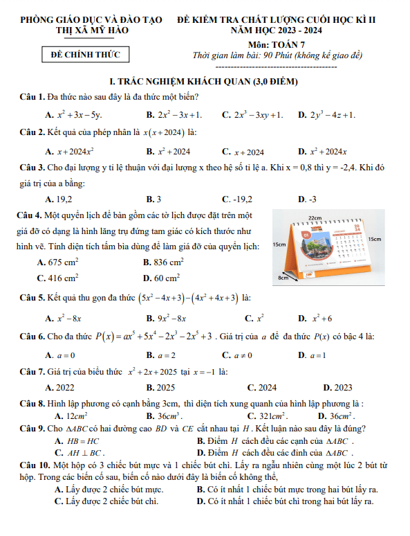 Đề cuối học kì 2 Toán 7 năm 2023 – 2024 phòng GD&ĐT Mỹ Hào – Hưng Yên