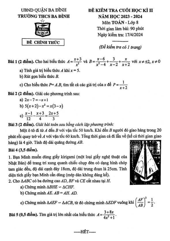 Đề cuối học kì 2 Toán 8 năm 2023 – 2024 trường THCS Ba Đình – Hà Nội
