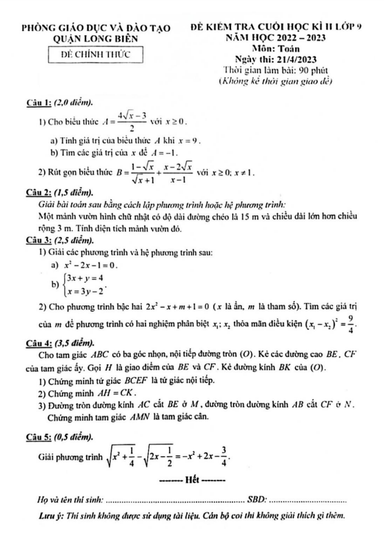 Đề cuối học kì 2 Toán 9 năm 2022 – 2023 phòng GD&ĐT Long Biên – Hà Nội
