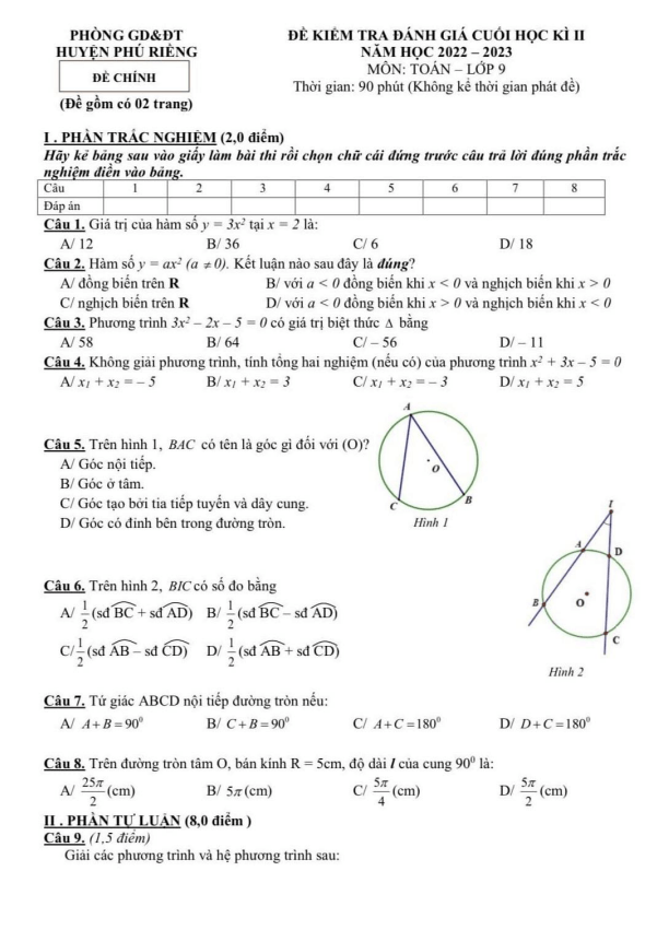 Đề cuối học kì 2 Toán 9 năm 2022 – 2023 phòng GD&ĐT Phú Riềng – Bình Phước