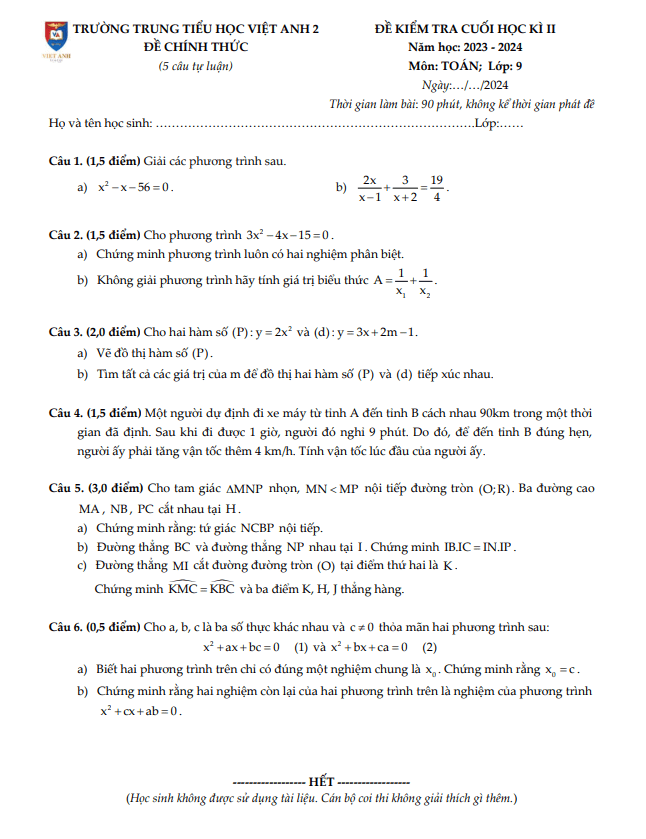 Đề cuối học kì 2 Toán 9 năm 2023 – 2024 trường Việt Anh 2 – Bình Dương