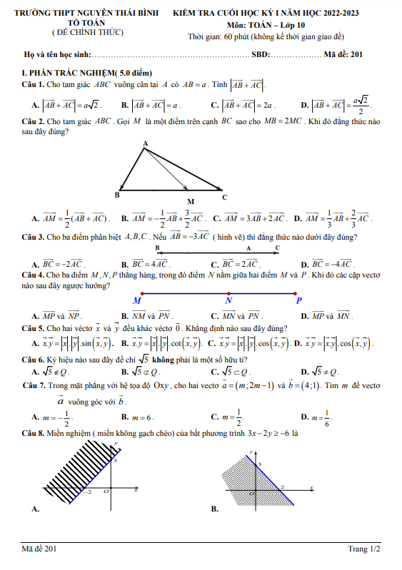 Đề cuối học kỳ 1 Toán 10 năm 2022 – 2023 trường Nguyễn Thái Bình – Quảng Nam