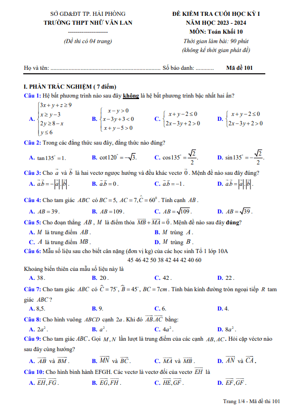 Đề cuối học kỳ 1 Toán 10 năm 2023 – 2024 trường THPT Nhữ Văn Lan – Hải Phòng