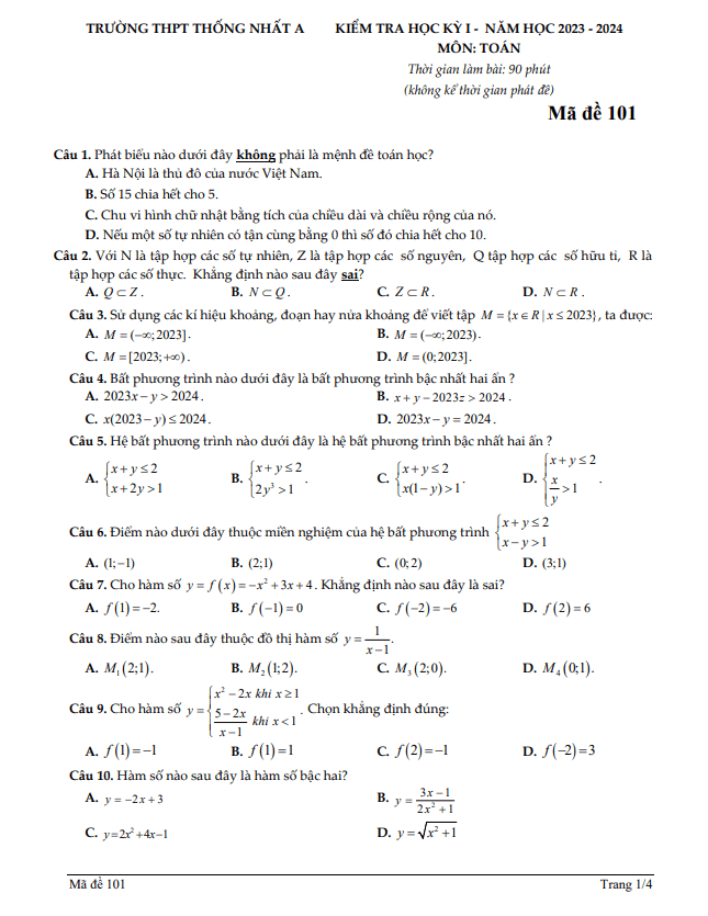 Đề cuối học kỳ 1 Toán 10 năm 2023 – 2024 trường THPT Thống Nhất A – Đồng Nai