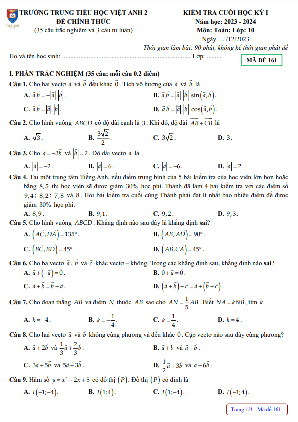Đề cuối học kỳ 1 Toán 10 năm 2023 – 2024 trường Việt Anh 2 – Bình Dương
