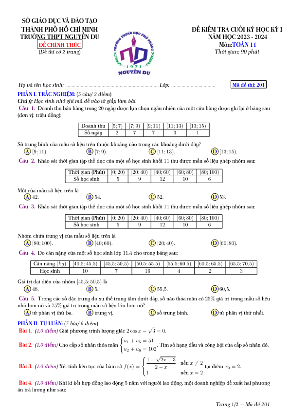 Đề cuối học kỳ 1 Toán 11 năm 2023 – 2024 trường THPT Nguyễn Du – TP HCM