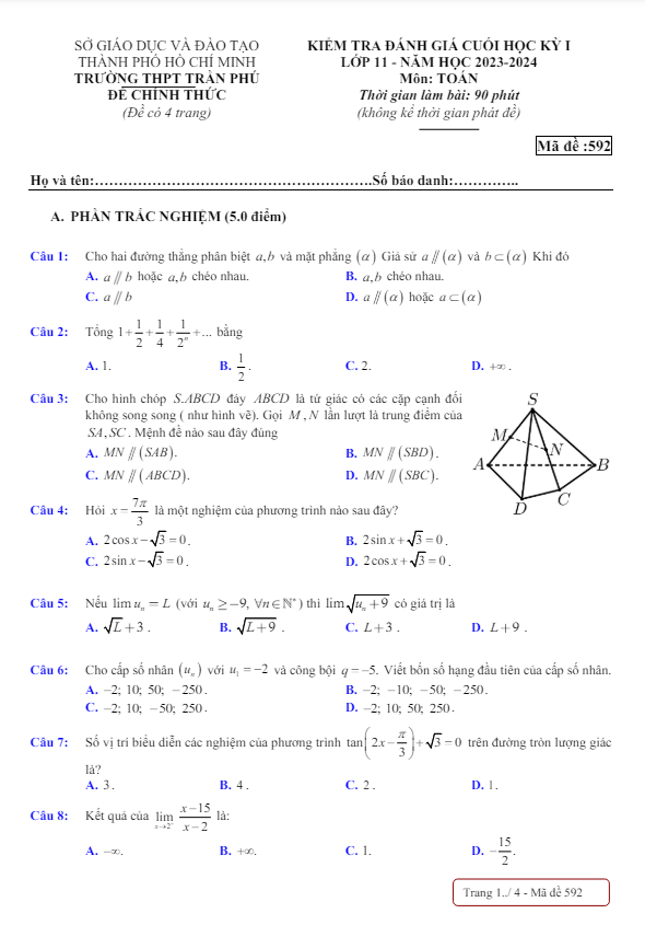 Đề cuối học kỳ 1 Toán 11 năm 2023 – 2024 trường THPT Trần Phú – TP HCM