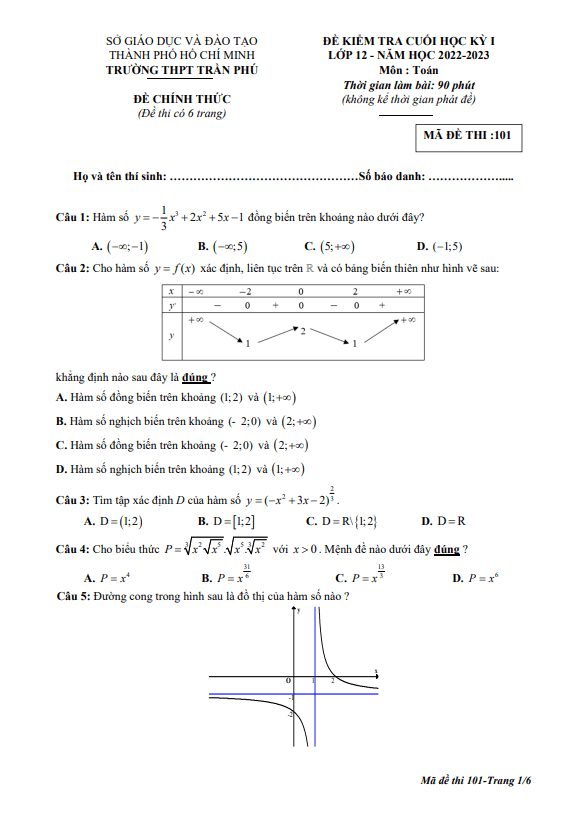 Đề cuối học kỳ 1 Toán 12 năm 2022 – 2023 trường THPT Trần Phú – TP HCM