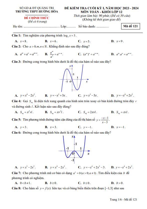 Đề cuối học kỳ 1 Toán 12 năm 2023 – 2024 trường THPT Hướng Hóa – Quảng Trị