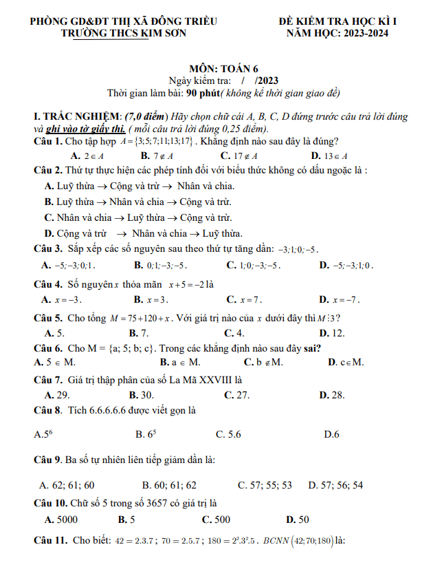 Đề cuối học kỳ 1 Toán 6 năm 2023 – 2024 trường THCS Kim Sơn – Quảng Ninh