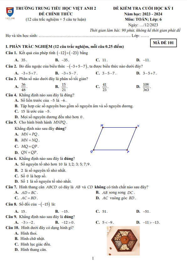 Đề cuối học kỳ 1 Toán 6 năm 2023 – 2024 trường Việt Anh 2 – Bình Dương
