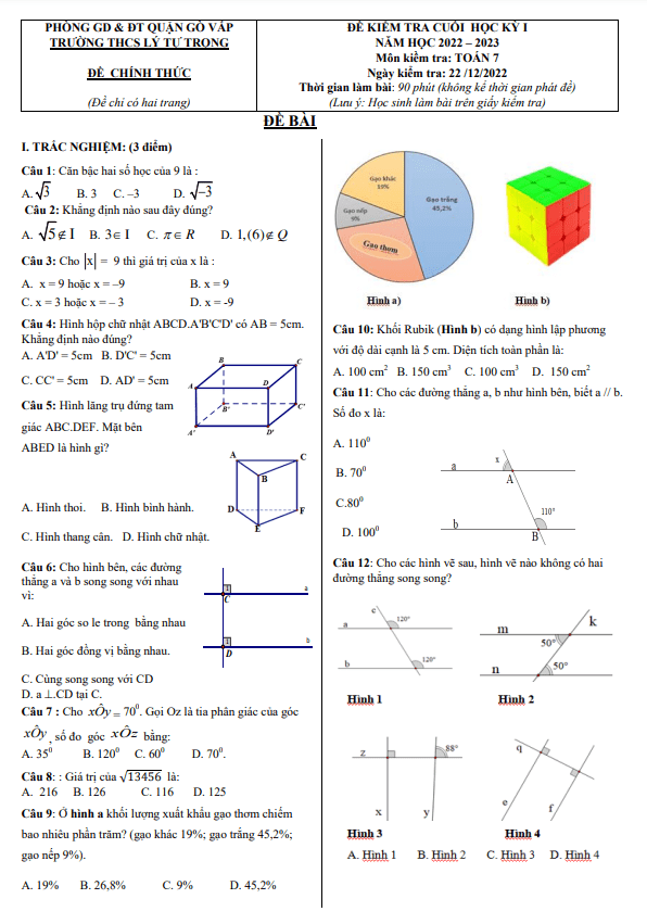 Đề cuối học kỳ 1 Toán 7 năm 2022 – 2023 trường THCS Lý Tự Trọng – TP HCM