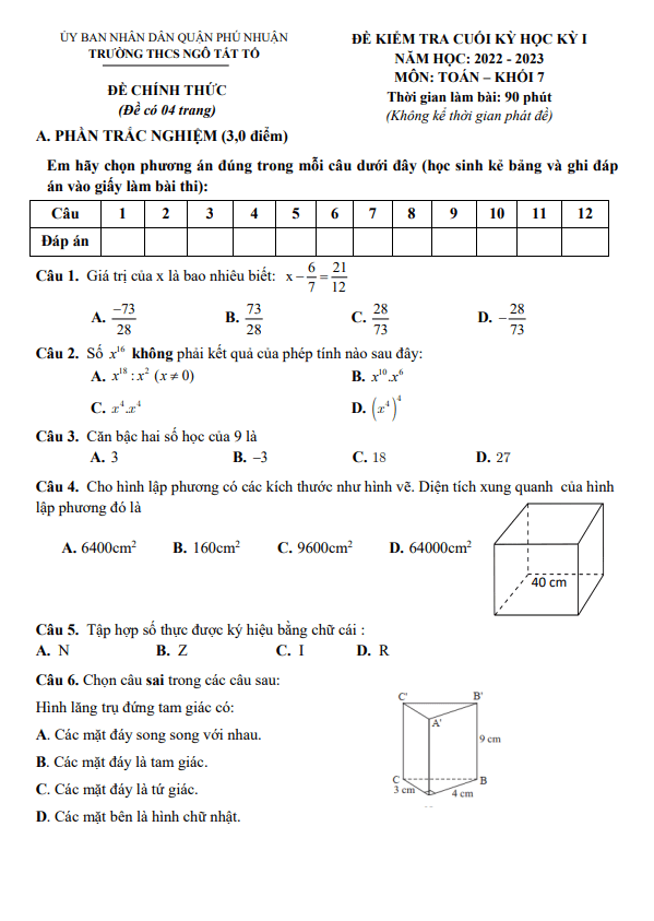 Đề cuối học kỳ 1 Toán 7 năm 2022 – 2023 trường THCS Ngô Tất Tố – TP HCM