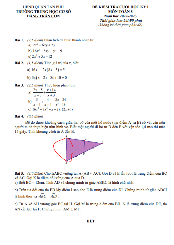 Đề cuối học kỳ 1 Toán 8 năm 2022 – 2023 trường THCS Đặng Trần Côn – TP HCM
