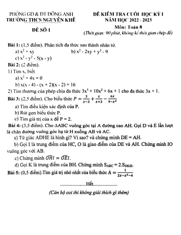 Đề cuối học kỳ 1 Toán 8 năm 2022 – 2023 trường THCS Nguyên Khê – Hà Nội