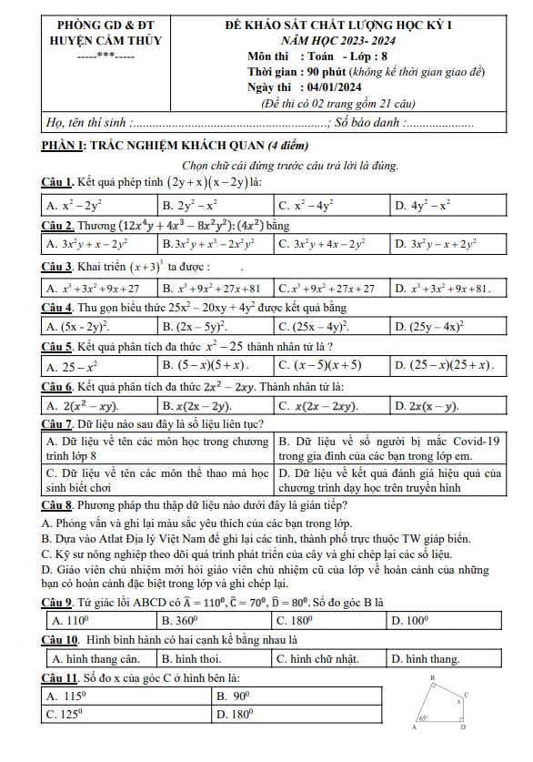 Đề cuối học kỳ 1 Toán 8 năm 2023 – 2024 phòng GD&ĐT Cẩm Thủy – Thanh Hóa