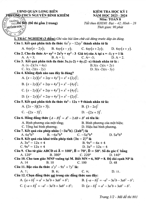 Đề cuối học kỳ 1 Toán 8 năm 2023 – 2024 trường THCS Nguyễn Bỉnh Khiêm – Hà Nội