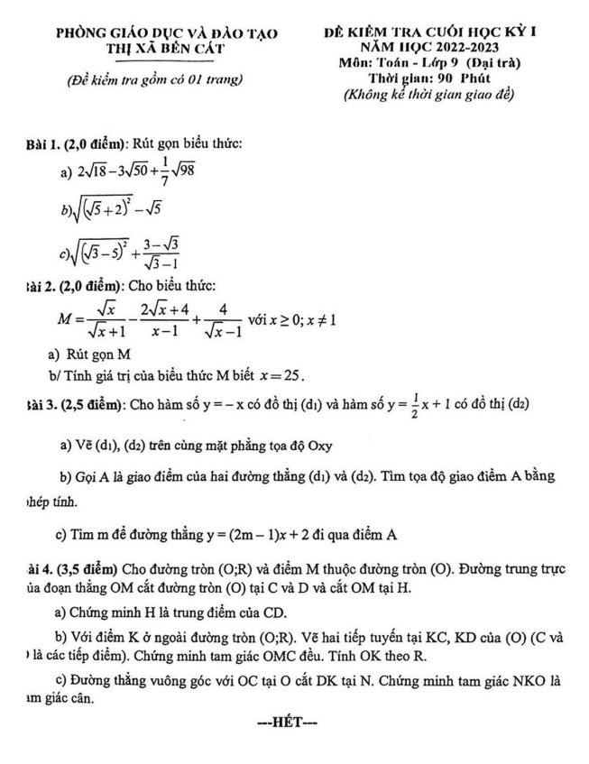 Đề cuối học kỳ 1 Toán 9 năm 2022 – 2023 phòng GD&ĐT Bến Cát – Bình Dương