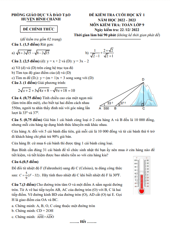 Đề cuối học kỳ 1 Toán 9 năm 2022 – 2023 phòng GD&ĐT Bình Chánh – TP HCM