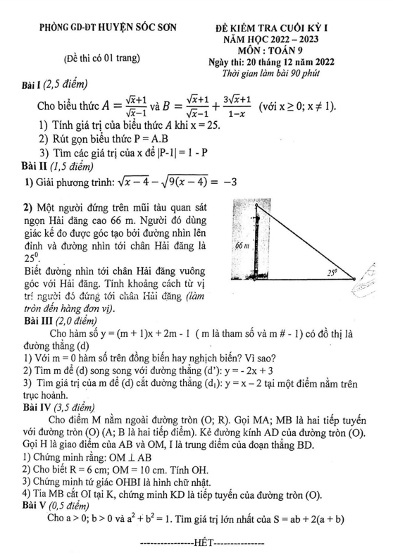 Đề cuối học kỳ 1 Toán 9 năm 2022 – 2023 phòng GD&ĐT Sóc Sơn – Hà Nội
