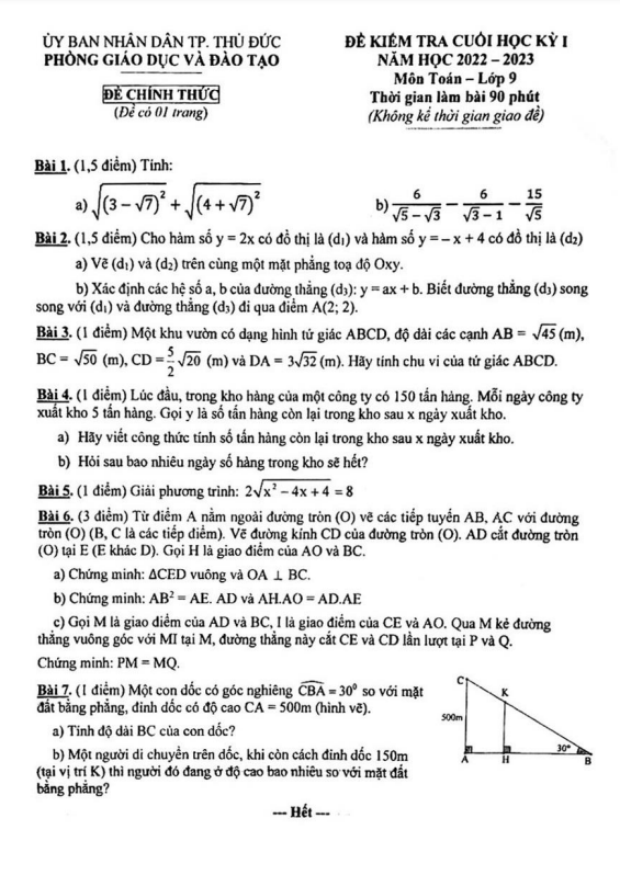 Đề cuối học kỳ 1 Toán 9 năm 2022 – 2023 phòng GD&ĐT Thủ Đức – TP HCM