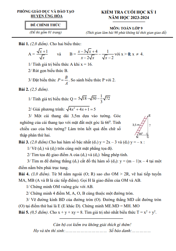 Đề cuối học kỳ 1 Toán 9 năm 2023 – 2024 phòng GD&ĐT Ứng Hòa – Hà Nội