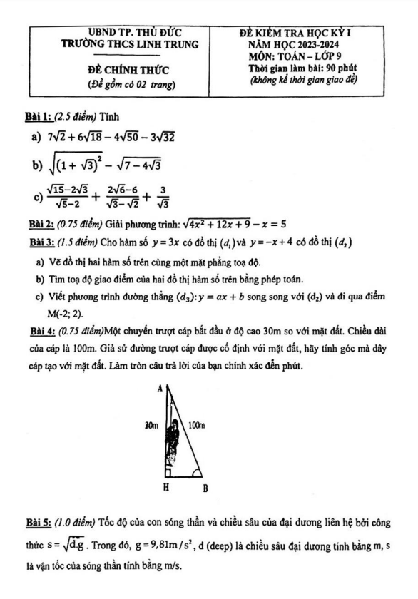 Đề cuối học kỳ 1 Toán 9 năm 2023 – 2024 trường THCS Linh Trung – TP HCM