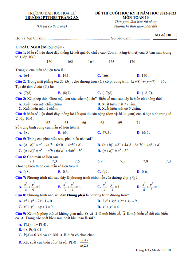 Đề cuối học kỳ 2 Toán 10 năm 2022 – 2023 trường PTTHSP Tràng An – Ninh Bình