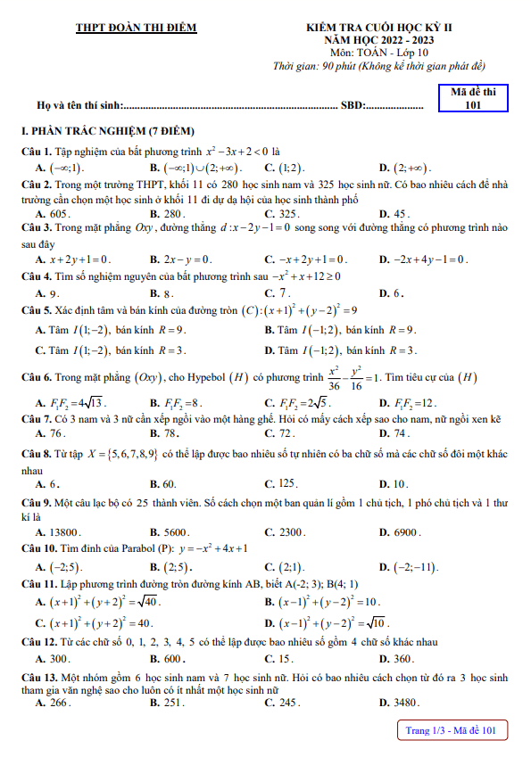 Đề cuối học kỳ 2 Toán 10 năm 2022 – 2023 trường THPT Đoàn Thị Điểm – Quảng Ninh