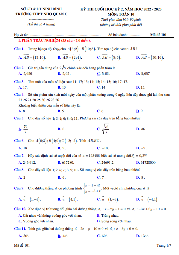 Đề cuối học kỳ 2 Toán 10 năm 2022 – 2023 trường THPT Nho Quan C – Ninh Bình
