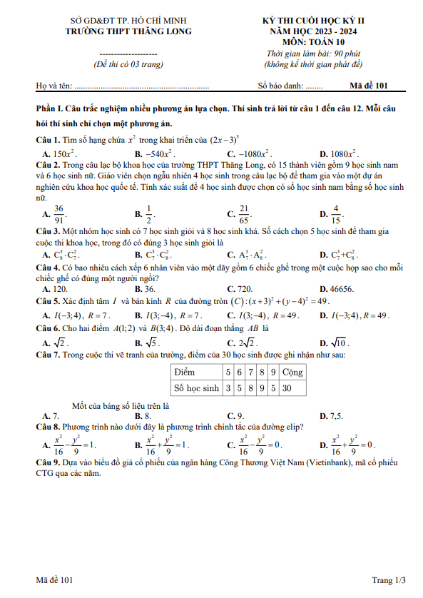 Đề cuối học kỳ 2 Toán 10 năm 2023 – 2024 trường THPT Thăng Long – TP HCM