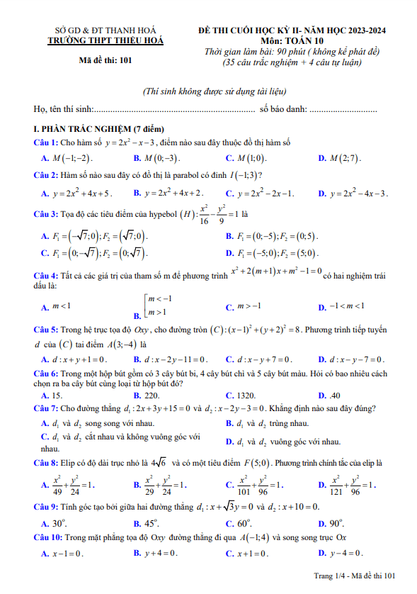 Đề cuối học kỳ 2 Toán 10 năm 2023 – 2024 trường THPT Thiệu Hóa – Thanh Hóa