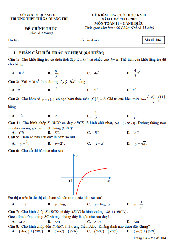 Đề cuối học kỳ 2 Toán 11 năm 2023 – 2024 trường THPT Thị xã Quảng Trị
