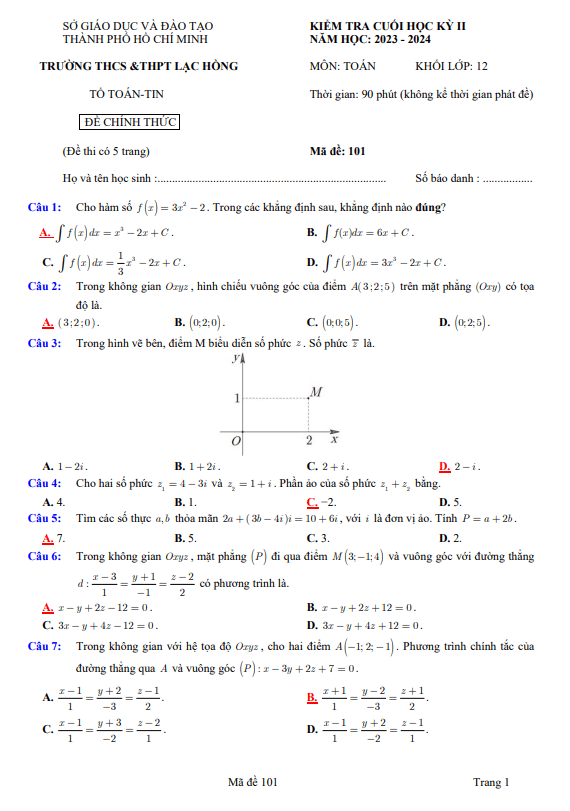 Đề cuối học kỳ 2 Toán 12 năm 2023 – 2024 trường Lạc Hồng – TP HCM