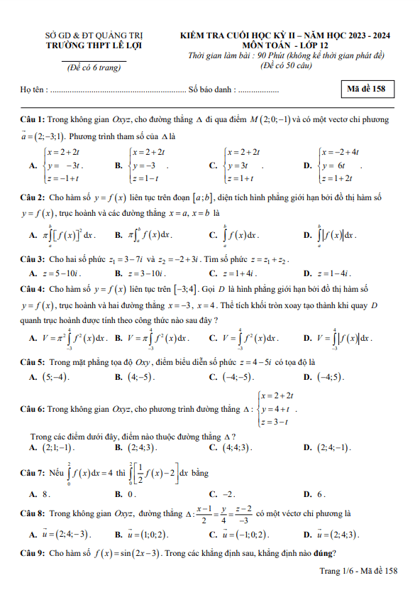 Đề cuối học kỳ 2 Toán 12 năm 2023 – 2024 trường THPT Lê Lợi – Quảng Trị