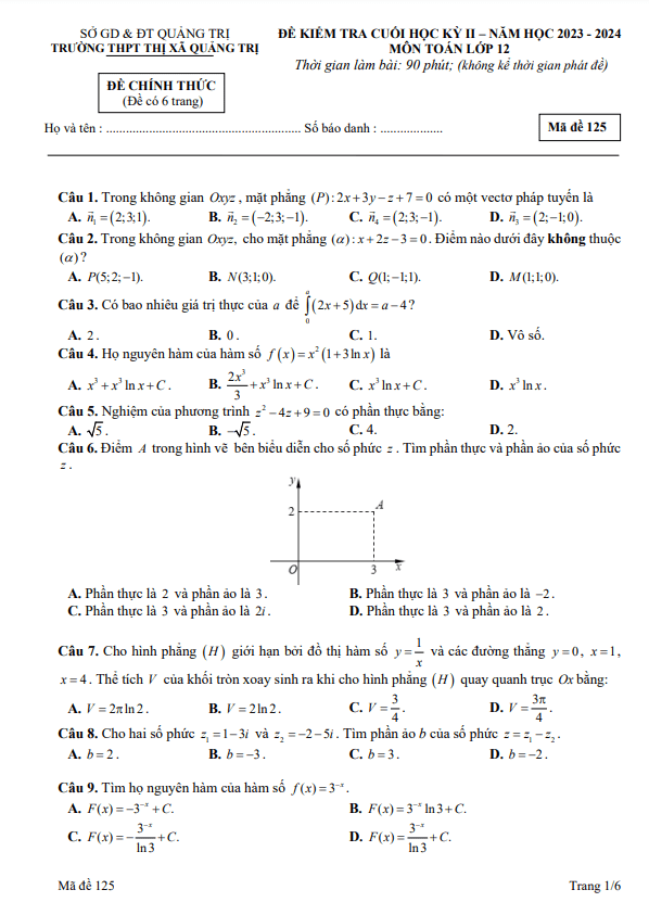Đề cuối học kỳ 2 Toán 12 năm 2023 – 2024 trường THPT Thị xã Quảng Trị