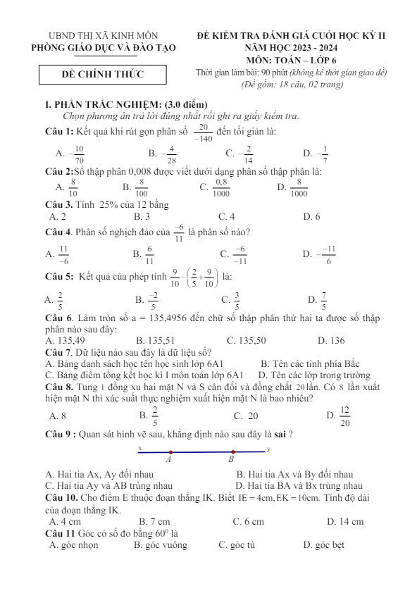 Đề cuối học kỳ 2 Toán 6 năm 2023 – 2024 phòng GD&ĐT Kinh Môn – Hải Dương