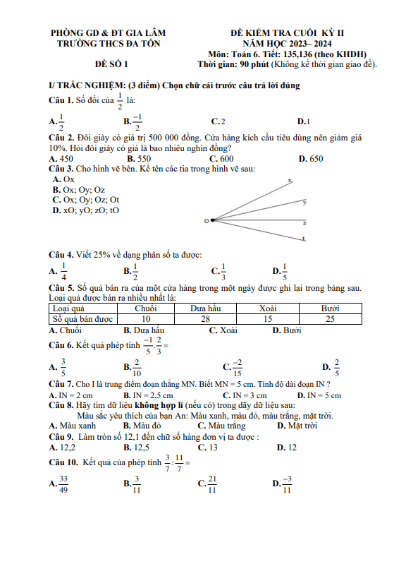 Đề cuối học kỳ 2 Toán 6 năm 2023 – 2024 trường THCS Đa Tốn – Hà Nội