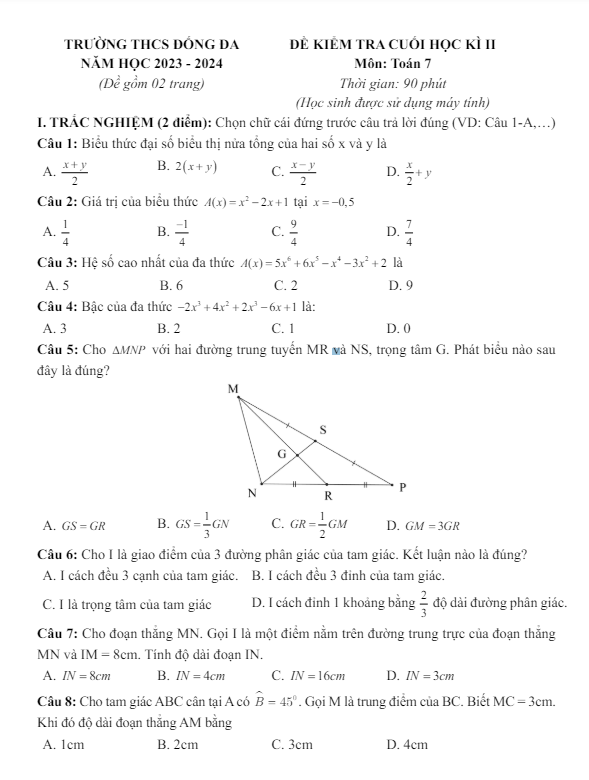 Đề cuối học kỳ 2 Toán 7 năm 2023 – 2024 trường THCS Đống Đa – Hà Nội