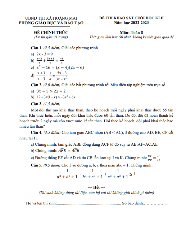 Đề cuối học kỳ 2 Toán 8 năm 2022 – 2023 phòng GD&ĐT Hoàng Mai – Nghệ An