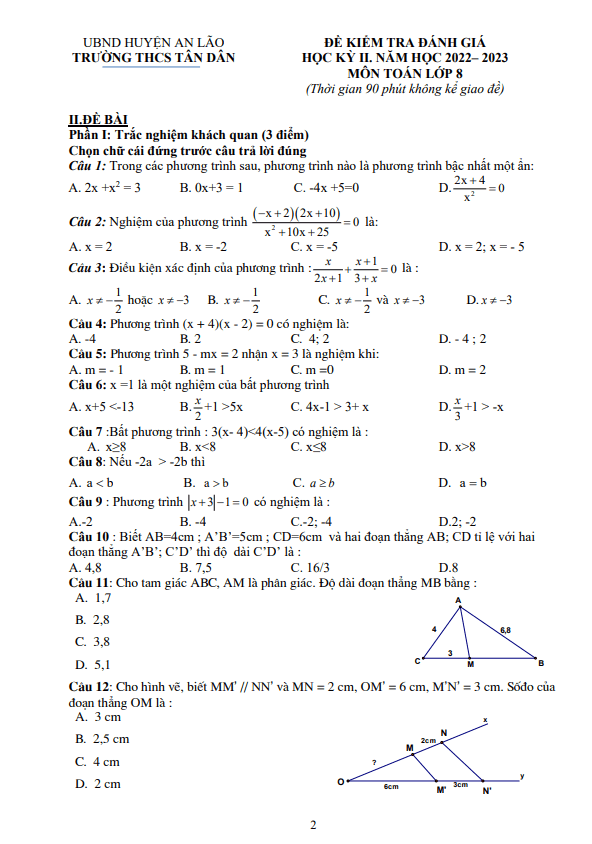 Đề cuối học kỳ 2 Toán 8 năm 2022 – 2023 trường THCS Tân Dân – Hải Phòng
