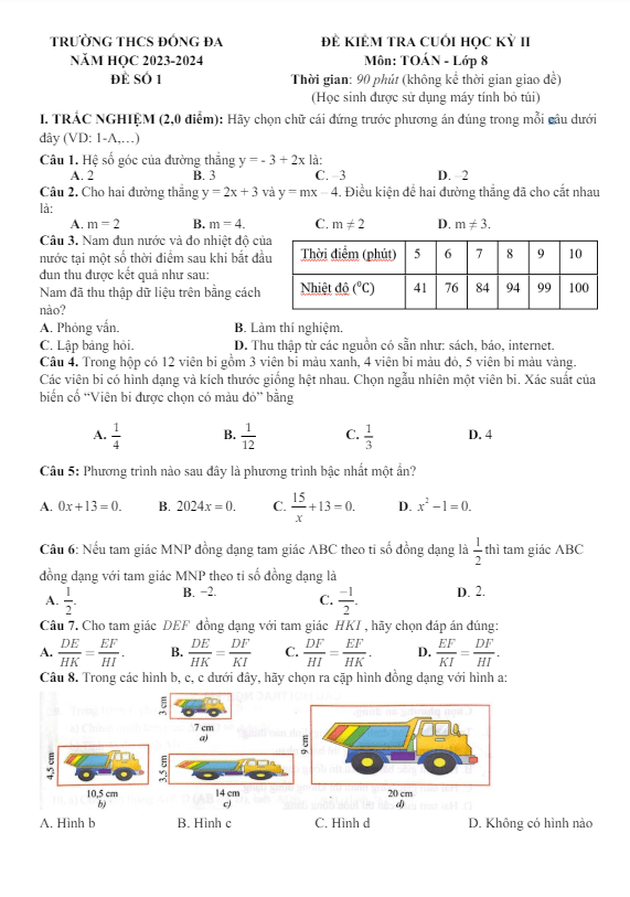 Đề cuối học kỳ 2 Toán 8 năm 2023 – 2024 trường THCS Đống Đa – Hà Nội