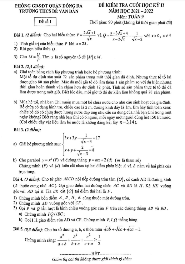 Đề cuối học kỳ 2 Toán 9 năm 2021 – 2022 trường THCS Bế Văn Đàn – Hà Nội