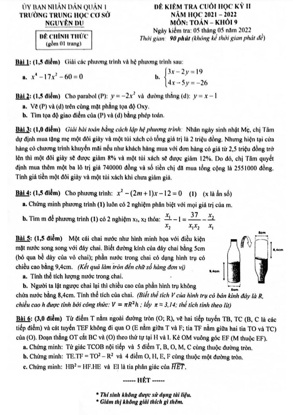 Đề cuối học kỳ 2 Toán 9 năm 2021 – 2022 trường THCS Nguyễn Du – TP HCM